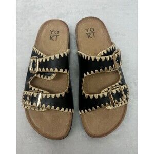 YOKI GIAN-218 Black Slide Sandals Size 8 Gold Buckle Double Strap Comfort Flat